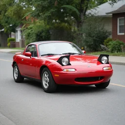 105mm photo of car full view mid distance photograph red Mazda Miata parked on street from 1955