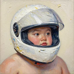 cute fat man in a racing helmet, palette knife painting of a close up of a three - dimensional thick impasto oil painting of a beautiful kephalonia, seen through complex globular texture, lots of thick encrusted paint, vast amounts of wax - like lines of dripping oil paint cover nearly everything, painted by john bauer signac and frank auerbach, background thick encrusted paint