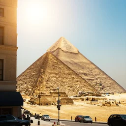 A photo of the great pyramids of Egypt looking down Broadway Ave in the middle of NYC, lens flare
