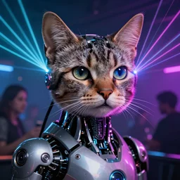 ultra detailed portrait of a futuristic cybernetic cyborg cat in a night club, by tom bagshaw and anna dittman, laser light show, perfect cat eyes and face, 3 5 mm lens, biomechanical robot, deep depth of field, artstation, 8 k