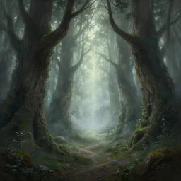 an old elven wood, a view to an eerie fantasy world, portal to new york ethereal back light, mist, coherent composition, detailed fantasy painting by yuumei