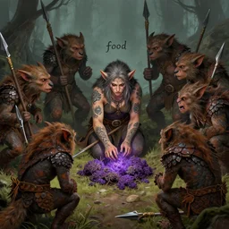 Fantasy illustration by Clyde Caldwell - The pack of kobolds is crouched in a circle. They are snivelling canid humanoids, with scales of rust, and they carry spears. Their leader, a matronly female with numerous tattoos, kneels in the center of the circle and gathers the pulsing purple moss. She has a spear, but it lies across her lap. The kobolds chatter to one another, and you hear the word “food” uttered more than once.