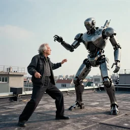 cyberpunk buff old man fighting Deadcode humanoid robot on a rooftop Emmanuel Lubezki
