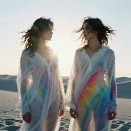 filmstill photography of two female body suihouettes covered with curly white translucent blanket blowing in wind with rainbow pattern, acrylic liquid colors, luxurious supermodel photoshooting, golden jewelry, bokeh, godrays, strong wind, wrinkles, sunrays, sunset, lens flares, cold colors, sand dunes