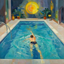 a mystic pool, from the perspective of a swimmer, in the styles of abstract expressionism and futurism