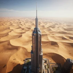 wasteland dunes viewed from the tallest skyscraper. unreal engine raytrace max antialiasing detailed hdri