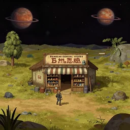 in front of a general store, in a remote outpost, on an alien planet, from a space themed point and click 2 d graphic adventure game, set design inspired slightly by hg giger and tomb raider, art inspired by bob ross and william lionel wyllie
