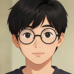 portrait of a cute nerdy young man with round glasses and black hair, anime portrait by beeple, trending on artstation, detailed face,