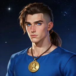 beautiful portrait of a incredibly handsome young male wearing a simple ( blue tunic ), and a gold medallion!! around neck, art by wlop and artgerm, steampunk fiction, detailed deep blue eyes, elongated face, shaved!!, round nose, ( ( dark brown hair in ponytail!!! ) ), space background, trending on artstation, sharp focus, illustration, caustics, octane render, 4 k, radiant light