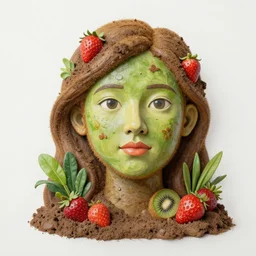 a sculpture portrait made of kiwi and strawberries and mud and plants, painting part by wojciech siudmak, part by ilya repin, part by max ernst, part by norman rockwell, artstation