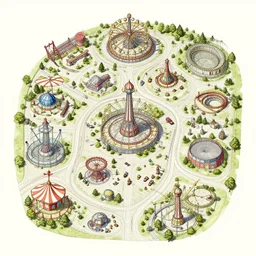 abandoned amusement park overview mapa design, Moebius, Greg Rutkowski, Zabrocki, Karlkka, Jayison Devadas, Phuoc Quan, trending on Artstation, 8K, ultra wide angle, pincushion lens effect