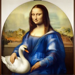 large oil portrait of woman in a blue dress with a swan by da vinci. masterpiece. restored. vibrant color and fine detail.