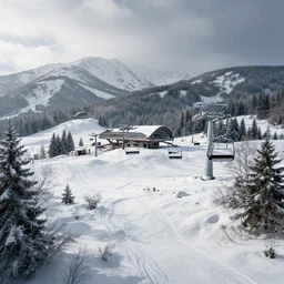beautiful Nier Automata landscape at an abandonned ski station, near a chairlift, winter
