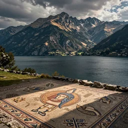 lakeside mountains, ancient roman mosaic