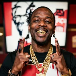 dslr portrait photo still of colonal sanders kfc!!! as a gangsta rapper with gold chains and gold teeth grills, 8 k, 8 5 mm f 1. 8