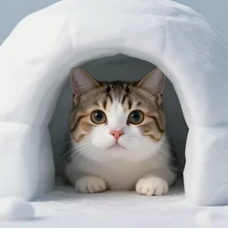 cute cat peeking its head out an igloo, close up render