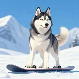 a husky snowboarding
