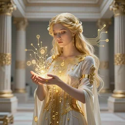 the ethereal goddess of technology bestows the gift of circuits to humanity. matte painting. fantastic. velvet and gold. high key studio lighting. fractal dreams. ancient greece, trending on artstation, cgsociety, ps 5, uhd 8 k cryengine