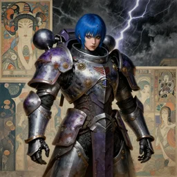 composition of gothic and futuristic young mainem, warhammer, cyber japan armor, more and more scars, thunderstorm, blue head, some purple, the middle ages, highly detailed, artstation, in the style of moebius, jugendstil and classic japanese print, art by max ernst and rene magritte