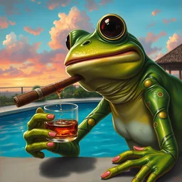 portrait of pepe the frog drinking whiskey by the pool and lighting a cigar, 1 7 th century, digital art, wet - on - wet technique, realistic, expressive emotions, intricate textures, illusionistic detail, peter mohrbacher, epic, artstation, vivid sky, junji ito, detailed hands, detailed faces,