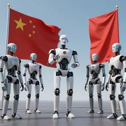 dystopian art, humanoid robot dictator giving a propaganda speech to human like robots surround by two large red flags with robot heads on them