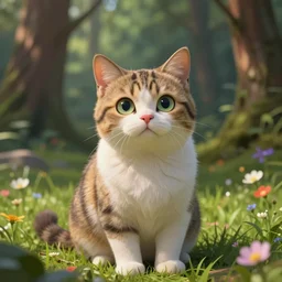 cat forest, cute friendly funny cat with beauty eyes sitting in grass flowers, in the style of craola, shallow depth of field, highly detailed, digital painting, trending artstation, concept art, illustration, cinematic lighting, vibrant colors, photorealism, epic, octane render