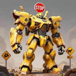 giant mecha gladiator made of yellow road signs and a red stop sign on its head, character design trending on artstation, mecha, unreal engine, octane render, detailed model, hardsurface modelling, epic, rust game art, official overwatch art battle