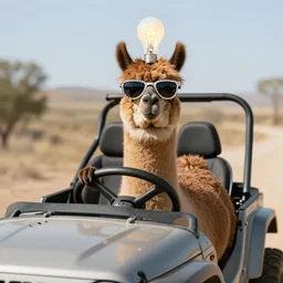 photorealism brown llama wearing stunner shades and a light bulb hat driving an off road jeep