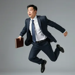 action shot of a flying consultant superhero wearing a suit, a tie and a portfolio