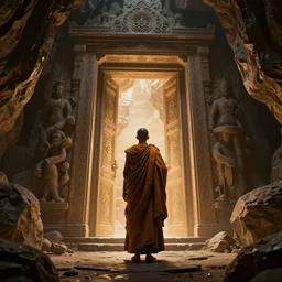 futuristic monk, wide profile shot, ancient cave, magic door to another realm, cinematic, vray, volumetric lighting, contrast, ambient occlusion, tessellation, particle physics, detailed textures, micro details, post processing, photo realism, octane render, hyperrealistic , Octane render, uplight, unreal engine, Megapixel, Cinematic Lighting, Ray Tracing, 8k