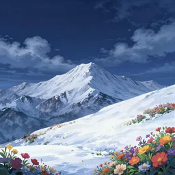 mountain, sky, deep night, winter, snowy, full of colorful flower, beautiful cloud, quiet, no people, anime background, illustration, sharp focus, intricate, smooth, super wide angle, trending on artstation, trending on deviantart