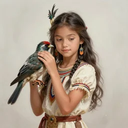 portrait of a young pocahontas, bird, indigenous dress, dreamy and ethereal, expressive pose, peaceful expression, elegant, highly detailed, digital painting, artstation, concept art, smooth, sharp focus, by gil elvgren