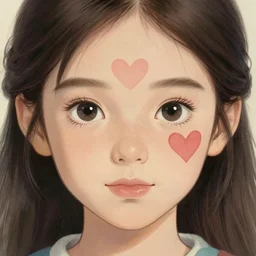 realistic tender sweet portrait of a young cute girl with a nice heart as tattoo on the center of face, symmetrical eyes, portrait illustration, trending on artstation, characterdesign, sharp focus, illustration, art by ruan jia, ghibli, elena shumilova, leah robinson