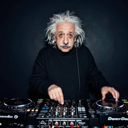 photo of albert einstein as a dj behind the dj decks in the club with headphones on and in a cool pose