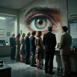 the strange creature from my eye, we wait in line at the bank, film still from the movie directed by denis villeneuve and david cronenberg with art direction by salvador dali and zdzisław beksinski, wide lens
