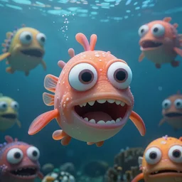 of the deep sea with large cute strange friendly creatures with huge eyes, mouth and teeth swimming around, in the style of Gehry, macro lens, shallow depth of field, highly detailed, digital painting, trending artstation, concept art, illustration, cinematic lighting, vibrant colors, photorealism, epic, octane render
