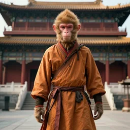 A monkey!!! dressed as a shaolin monk, standing in front of an ancient chinese palace, cinematic lighting, artstation, greg rutkowski