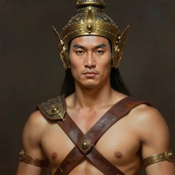 smart tai warlord, closeup portrait, without beard and mustache, beardless, smooth - faced, historical hero, ethnic group, tai costume, thai transitional bronze headdress, intricate, with leather armor cross on bare chest, elegant, loin cloth, highly detailed, oil painting, artstation, concept art, matte, sharp focus, illustration, hearthstone, art by earl norem