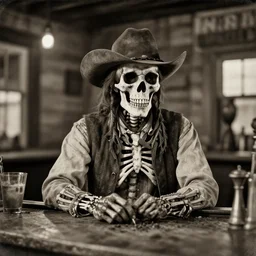 tintype photograph of an renegade skeleton cowboy outlaw at the bar in a dusty old west town saloon, volumetric lighting, cinematic, bokeh