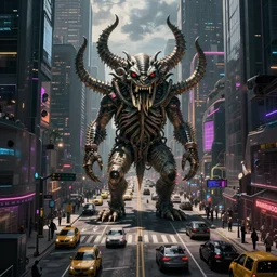 cthulhu waiting to cross the busy road of a cyberpunk city by dan mumford