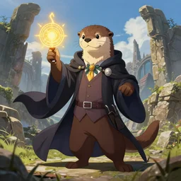 A well dressed fursona of an Otter furry is a mage casting a magic spell, highly detailed fantasy anime artwork, ArtStation, pixiv, furaffinity, DeviantArt, impressionist romanticism, epic scenery in stone ruins