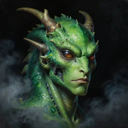 a neoclassicist close - up portrait of a green man with hyperrealist dragon features. reflective alien technology. head and shoulders. foggy black background with dark puffy glowing clouds. highly detailed science fiction painting by norman rockwell, frank frazetta, syd mead and moebius. rich colors, high contrast, gloomy atmosphere, dark background. trending on artstation.