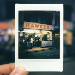polaroid photo of a hawker centre, cinematic lighting