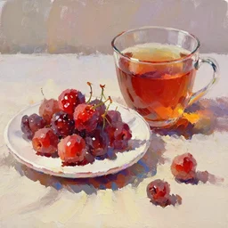 breakfast with shiny berries and a big tea, oil painting, glassware, thick strokes, vibrant, colorful, bright, reflections, sunlit, sharp, subsurface scattering, sharp edges, hazy, field of view