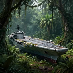 decayed aircraft carrier USS Nimitz laying on the ground overgrown with vegetation and hanging vines, post apocalyptic, tropical forest, by Luis Royo, by Greg Rutkowski, extreme low angle shot, dark, gritty, intricate, cover illustration, concept art, volumetric lighting, volumetric atmosphere, sharp focus, octane render, trending on artstation, 8k