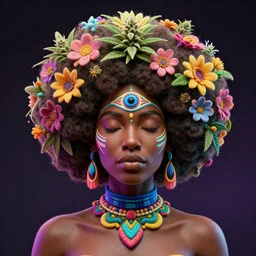 a female african marijuanna! shaman with an afro made of flowers, third eye art art by machina infinitum, complexity from simplicity, rendered in octane, mandelbulb 3 d, ambient occlusion, macro photography, felt!!! texture, tribal, neon! retrowave