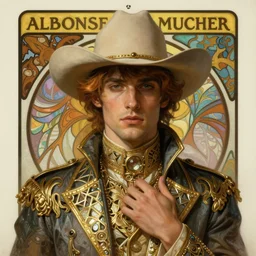a dramatic ethereal epic symmetrical painting of a handsome cowboy in beautiful outfit with a metallic gold trim | tarot card, art deco, art nouveau,  (steampunk), homoerotic, realistic, intricate, detailed face | Alphonse Mucha | trending on artstation