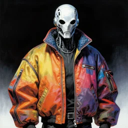 illustration of scientist in cyborg mask wearing baggy colorful 9 0 s rick owens jacket by frank frazetta. sci fi book cover.