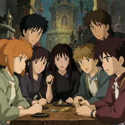 film still dnd movie, group sit and play in dnd, kate beckinsale arnold schwarzenegger charlize theron justim timberlake, finely detailed features, closeup at the faces, perfect art, at an ancient city, gapmoe yandere grimdark, trending on pixiv fanbox, painted by greg rutkowski makoto shinkai takashi takeuchi studio ghibli, akihiko yoshida