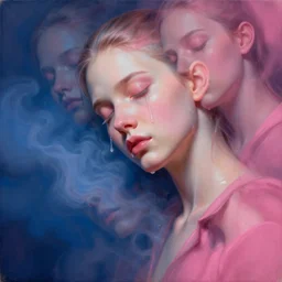 3 d, close - up, liquid white oil, sleepy fashion model, tears, deep blue fog, smoke, poster art, high detail, intricate oil painting, multiple exposure, deep pink color palette, hyperrealism, 3 d, by tooth wu and wlop and beeple and greg rutkowski